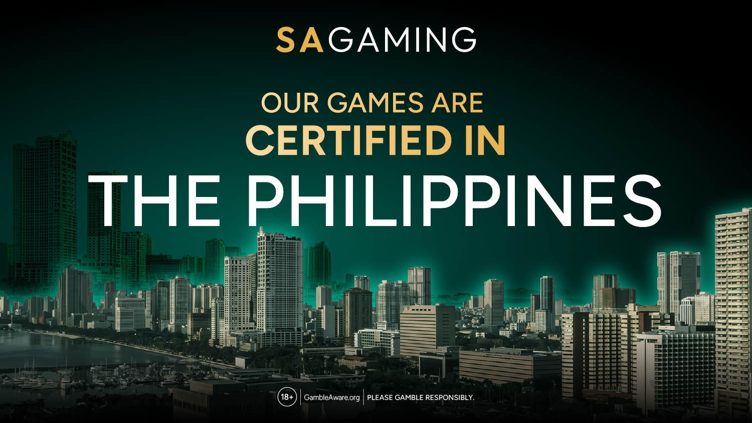 Philippines skyline backdrop for SA Gaming’s certified games announcement.