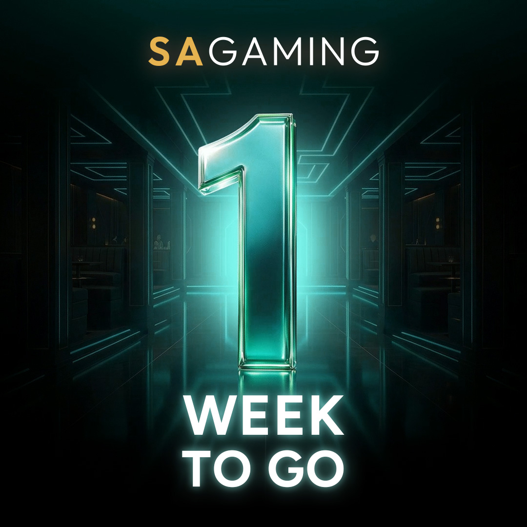 SA Gaming’s 17th anniversary countdown graphic featuring the SA Gaming logo, a glowing three-dimensional turquoise number one in a futuristic neon-lit corridor, and bold white text reading “WEEK TO GO.”